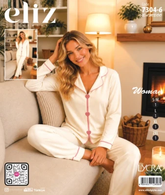 ELİZ 7304-6 KADIN KALP NAKIŞLI BAMBU PİJAMA TAKIMI