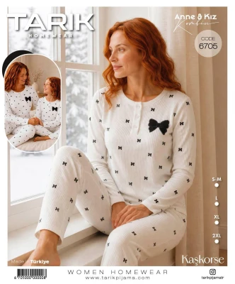 TARIK 6705 BAYAN ANNE-KIZ KAŞKORSE PİJAMA TAKIMI BEYAZ S-XXL