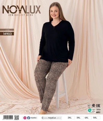 NOYALUX 14903 V YAKA 2 DÜĞMELİ BATTAL KADIN PİJAMA TAKIMI LEOPAR 2XL-5XL