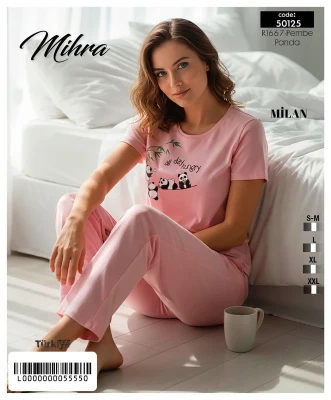 MİHRA 50125 R1667 MILAN KISA KOL BASKILI PİJAMA TAKIMI PEMBE-PANDA