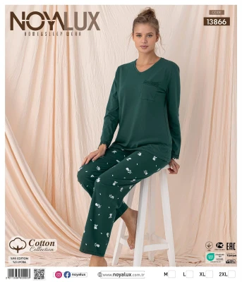 NOYALUX 13866 COTTON CEPLİ UZUN KOLLU KADIN PİJAMA TAKIMI – YEŞİL