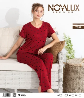 NOYA 7897 V YAKA DESENLİ KADIN PİJAMA TAKIMI BORDO