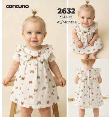 CANCUNO 2632 KELEBEK FİGÜRLÜ KIZ MÜSLİN ELBİSE BYZ