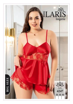 MİSS LARİS 4247 SATEN İP ASKILI ŞORTLU BATTAL TAKIM KIRMIZI