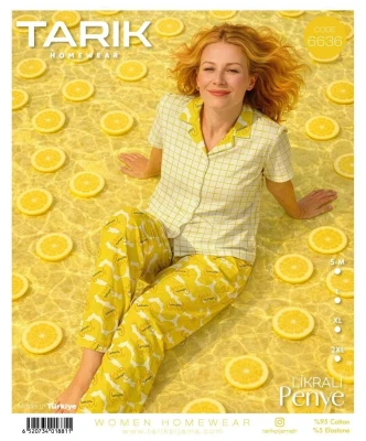 TARIK 6636 WOMEN LEMON PATTERNED SHIRT SHORT SLEEVE YELLOW S-2XL