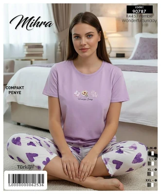 MİHRA 90787 R4457 KOMPAKT PENYE KISA KOL BASKILI KAPRİ PİJAMA TAKIMI PEMBE
