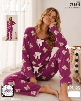 ELİZ 7316-9 İTHAL RAPORLU PAPYONLU PİJAMA TAKIMI