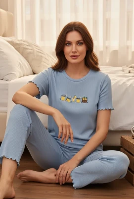 MİHRA 70823 R1559 KAŞKORSE NAKIŞLI BASİC PİJAMA TAKIMI BUZ MAVİSİ