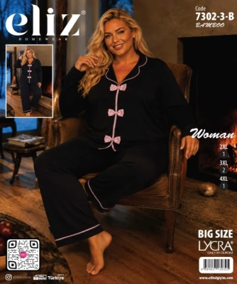 ELİZ 7302-3-B BATTAL PAPYONLU BAMBU PİJAMA TAKIMI