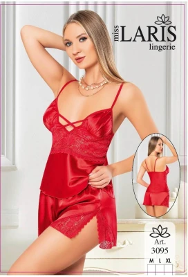 MİSS LARİS 3095 SATEN DANTELLİ ŞORTLU GECELİK TAKIMI KIRMIZI
