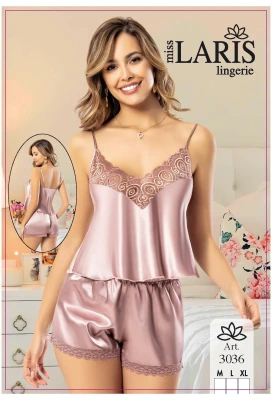 MİSS LARİS 3036 SATEN İP ASKILI ŞORTLU GECELİK TAKIMI PUDRA