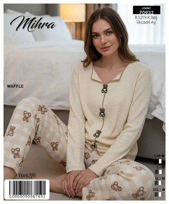 MİHRA 70932 R3219 WAFFLE AYI DESENLİ KADIN PİJAMA TAKIMI KOYU BEJ-EKOSELİ