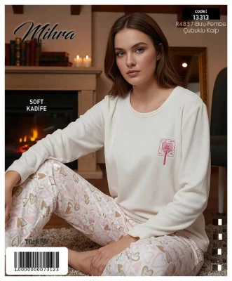 MİHRA 13313 R4837 KADİFE UZUN KOLLU ALT UZUN PAÇA REÇMELİ PİJAMA TAKIMI