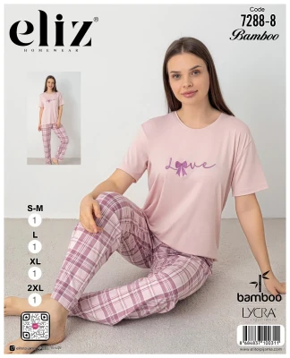 ELİZ 7288-8 BAMBOO BAYAN NAKIŞLI PİJAMA TAKIMI PUDRA