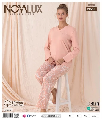 NOYALUX 13653 COTTON YAKASI GARNİLİ NAKIŞLI KADIN PİJAMA TAKIMI