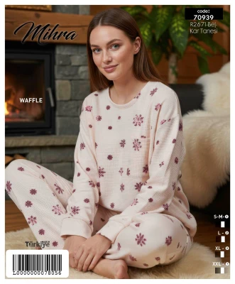 MİHRA 70939 R2671 WAFFLE CEPLİ PİJAMA TAKIMI BEJ