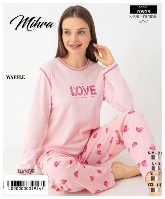 MİHRA 70929 R4084 WAFFLE NAKIŞLI KARYOKALI PİJAMA TAKIMI PEMBE