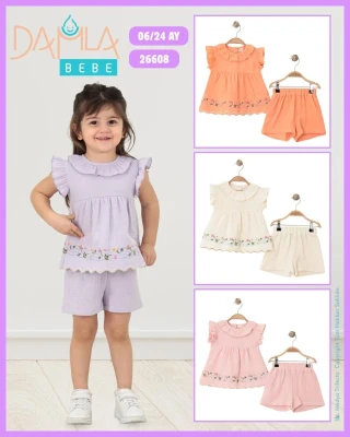 DAMLA 26608 ÇİÇEK NAKIŞLI 2'Lİ KIZ BEBEK ŞORTLU TAKIM RENKLİ