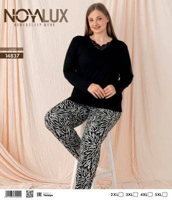 NOYALUX 14837 YAKA DANTELLİ V YAKA BATTAL KADIN PİJAMA TAKIMI SİYAH