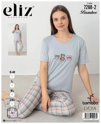 ELİZ 7288-2 BAMBOO BAYAN NAKIŞLI PİJAMA TAKIMI MAVİ