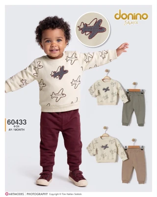 BOMLO 60433 UÇAK NAKIŞLI ÜÇ İPLİK ŞARDONLU 2'Lİ ERKEK BEBEK TAKIM