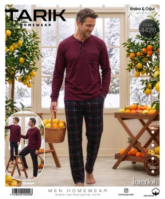 TARIK 4428 ERKEK İNTERLOK ALT SİYAH EKOSE PİJAMA TAKIMI BORDO