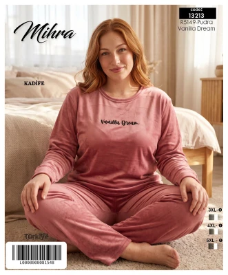 MİHRA 13213 R5149 BATTAL KADİFE PİJAMA TAKIMI PUDRA-VANİLYA
