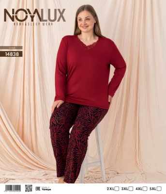 NOYALUX 14838 YAKA DANTELLİ V YAKA BATTAL KADIN PİJAMA TAKIMI KIRMIZI
