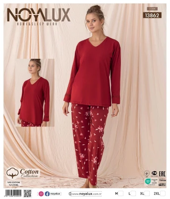 NOYALUX 13862 V YAKA OMUZ DETAYLI KIRMIZI KADIN İKİLİ PİJAMA TAKIMI