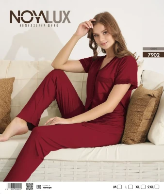 NOYA 7902 ÖNDEN DÜĞMELİ KADIN PİJAMA TAKIMI BORDO