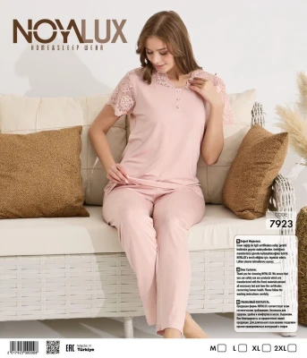 NOYA 7923 KOLU VE OMUZU DANTEL DETAYLI KADIN PİJAMA TAKIMI PUDRA