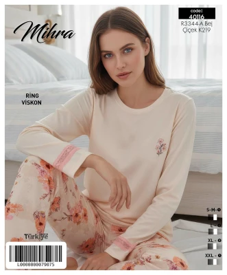 MİHRA 40116 R3344 RİNG VİSKON KOLU DANTELLİ BASKILI PİJAMA TAKIMI