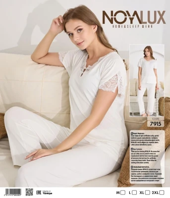 NOYA 7915 PAÇASI DANTELLİ PATLI KADIN PİJAMA TAKIMI BEYAZ