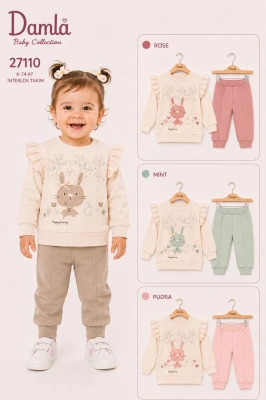 DAMLA 27110 TAVŞAN NAKIŞLI KIZ BEBEK TAKIM 6-24 AY