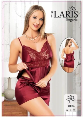 MİSS LARİS 3094 SATEN İP ASKILI ŞORTLU GECELİK TAKIMI BORDO