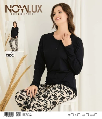 NOYALUX 13152 YAKASI DANTELLİ 3 DÜĞMELİ BİSİKLET YAKA KADIN PİJAMA TAKIMI SİYAH
