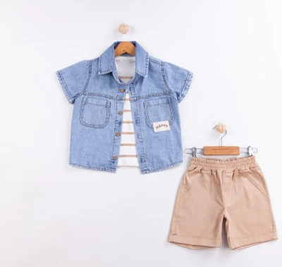 BOMLO 90176 HAPPY LABEL DENIM SHIRT 3-PIECE BOYS SET MILK COFFEE