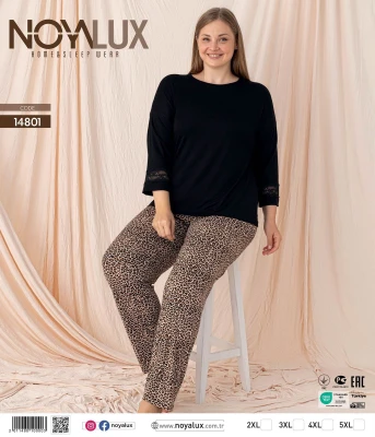 NOYALUX 14801 BİSİKLET YAKA BATTAL KADIN PİJAMA TAKIMI LEOPAR 2XL-5XL