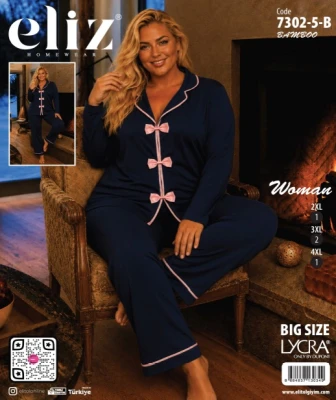 ELİZ 7302-5-B BATTAL PAPYONLU BAMBU PİJAMA TAKIMI
